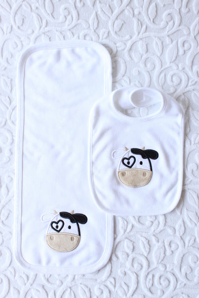 Cow Bib & Burp Cloth Set